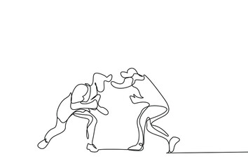 two wrestling men trying to knock each other down