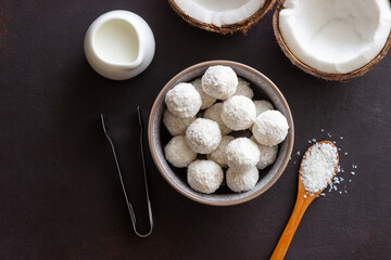 Coconut candy or cookies. Dessert. Coconut. Vegetarian food.