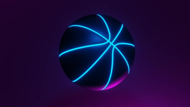 Spinning blue glowing basketball with blue and pink lights, 3d animation, seamless loop
