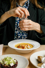 Business lunch, business lady on a business lunch in a restaurant
