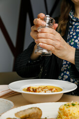 Business lunch, business lady on a business lunch in a restaurant
