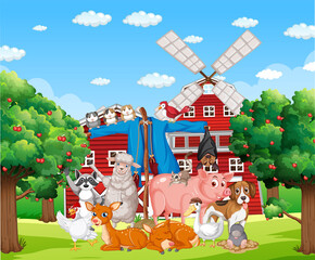 Farm scene with many animals