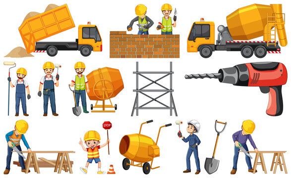 Construction worker set with man and tools
