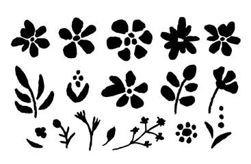 Simple floral vector set, black silhouette. Flowers, leaves and branches. Botanical elements. Spring summer collection.