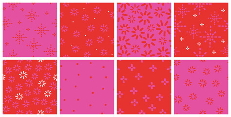 Fototapeta na wymiar Red and pink colourful abstract pattern set. Happy repeat background collection with abstract burst and dot designs for Birthday party or other celebration decor.