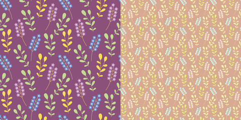 Set of seamless vector pattern with minimalistic floral pattern of branches and flowers on an isolated background. Background in Ditsy style. Stylish template for trendy prints. 