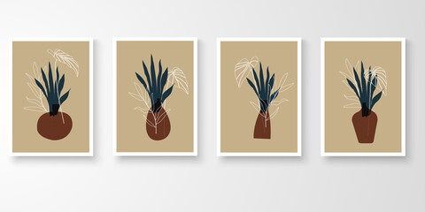 Fototapeta na wymiar Set of wall art with frames.Modern line art drawing with abstract organic shape composition earth tone. Moon plants, stone, alocasia, palm, monstera art vector illustration.