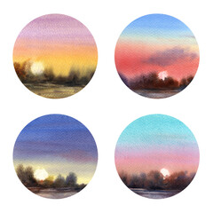 Set of round elements with landscape. Watercolor illustration isolated on white background. Colorful sunset and field. Design for stickers, postcards