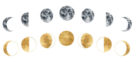 Watercolor abstract card of moon phases. Hand painted gold and grey satellite isolated on white background. Minimalistic space illustration for design, print, fabric or background.