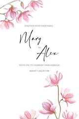 Floral design of wedding invitation card template, pink magnolia flowers with inscription, hand-drawn flowers, wedding invitation cards and cards