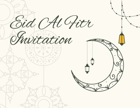 Eid Al Fitr Invitation Cresent with lanterns, eid gathering card, Eid feast invitation 