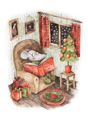 Watercolor illustration of mouse with the book of fairy tales in the room with Christmas tree and gifts
