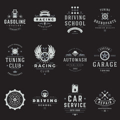 Obraz premium Collection monochrome retro logo automobile service club society decorative design vector illustration. Set vintage logotype gasoline station driving school tuning car autowash garage street racing