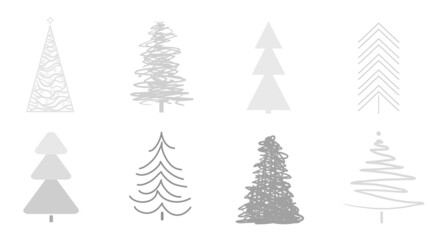 Christmas trees on white. Set for icons on isolated background. Geometric art. Objects for polygraphy, posters, t-shirts and textiles. Black and white illustration