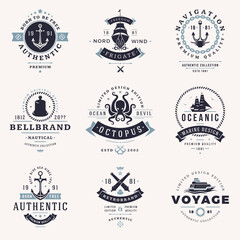 Set monochrome authentic nautical labels emblem vintage design vector illustration. Collection minimalist marine retro logo anchor, octopus, frigate, bellbrand, oceanic, voyage branding identification