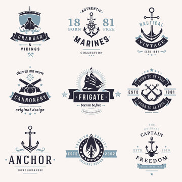 Collection nautical vintage logo with place for text vector illustration. Set retro monochrome emblem anchor, drakkar viking, marine, frigate, harpoon, captain, freedom old fashioned decorative design