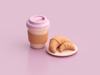 Coffe to go with 3D croissant. 3D render