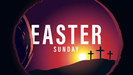 Easter Sunday morning tomb and Calvary with three cross. Holy week poster with typography, crosses and cave with tomb on background. Vector illustration
