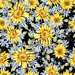 Fototapeta na wymiar Watercolor seamless pattern with yellow and blue flowers.
