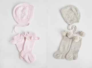 Knitted socks and bonnets. Knitted kids clothes and accessories for knitting. Needlework and knitting. Hobbies and creativity. Knit for children. Handmade. Hobbies and creativity