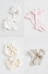 Knitted socks, kids clothes and accessories for knitting. Needlework and knitting. Hobbies and creativity. Knit for children. Handmade. Hobbies and creativity