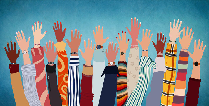 Group raised human arms and hands.Diversity multiethnic people. Racial equality. Men and women of diverse culture and nations. Coexistence harmony. Multicultural community integration
