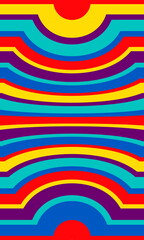 Obraz premium Bright cheerful background of rainbow stripes. Stripes are curved towards the center of the ellipse. Retro style. For poster backgrounds, invitations, labels, posters, screens, postcards, brochures