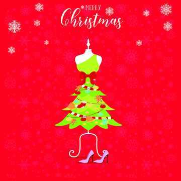 Woman's Wear Christmas Tree Maniquins, Happy Christmas, Winter christmas composition in paper cut style.Merry Christmas text Calligraphic Lettering Vector illustration.