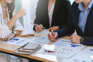 Group of business people meeting working project developing business strategy doing paperwork analysis in office.