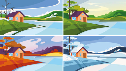 Naklejka premium House on the lake at different times of the year. Beautiful nature landscapes.