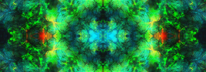 Green blue and red psychedelic abstract art background texture with colorful kaleidoscope topical summer pattern and bright vibrant paint colors in fantasy dreamy banner header wallpaper design