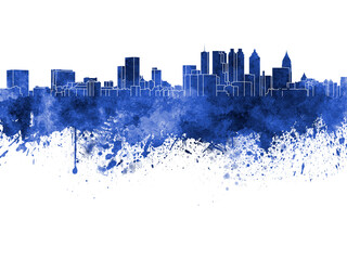 Atlanta skyline in blue watercolor on white background