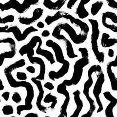 Modern printable seamless pattern with curved line brush stroke shapes and dots. Grunge bold brush strokes. Background in minimalist organic style. Vector black and white Illustration