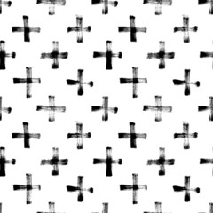 Black crosses vector seamless pattern. Hand drawn cross and plus sign with grunge texture. Geometrical pattern with black paint brush strokes. Hipster monochrome texture. Trendy graphic design.