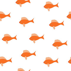 Seamless pattern cartoon orange fish on white background. Hand drawn marine kids print, vector eps 10