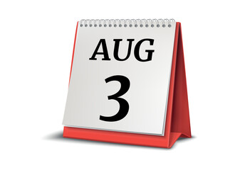 August 3. Calendar on white background. 3D illustration.