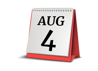 August 4. Calendar on white background. 3D illustration.