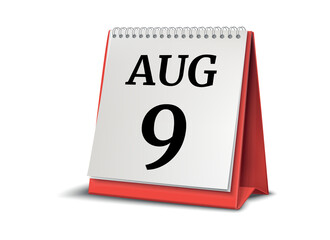 August 9. Calendar on white background. 3D illustration.