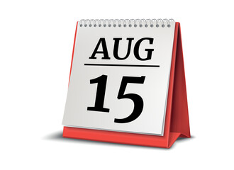 August 15. Calendar on white background. 3D illustration.