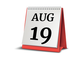 August 19. Calendar on white background. 3D illustration.