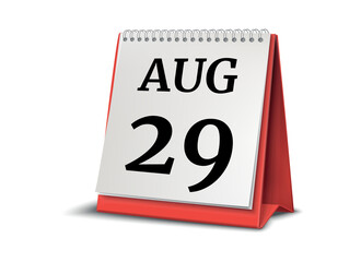 August 29. Calendar on white background. 3D illustration.