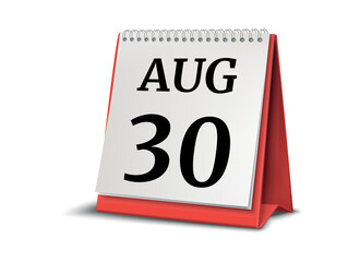 August 30. Calendar on white background. 3D illustration.