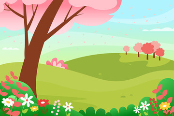 Spring morning landscape in bloom. Colorful vector illustration.