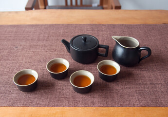 Cup and tea set with tea on table