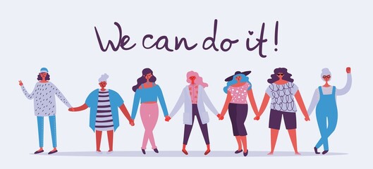 International Women's Day. Women in leadership, woman empowerment, gender equality concepts. Crowd of women of diverse age, races and occupation.