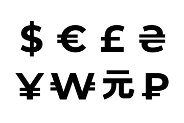 Currency symbols. Dollar, euro pound, yen, hryvnia