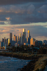 Melbourne building skyline view at sunset time, Australia.