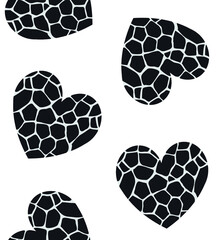 Vector seamless pattern of flat black heart with giraffe fur texture isolated on white background