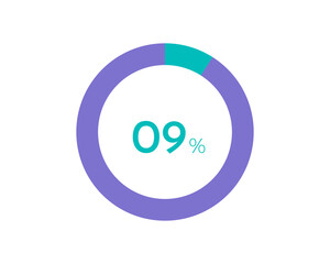 9 Percentage pie diagrams on the white background, pie chart for Your documents, reports, 9% circle percentage diagrams for infographics