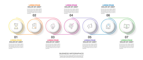Naklejka premium Vector line infographics with seven circles. Business concept graphic process template with 7 steps. Graphic timeline for app, website, interface, chart, levels, web, diagram, banner, presentations